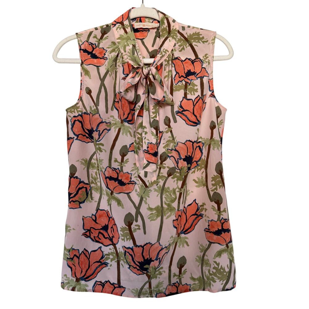 Tory Burch 4 Pink Poppy Floral 100% Silk Sleeveless Tie Neck Bow Blouse Top ITEM